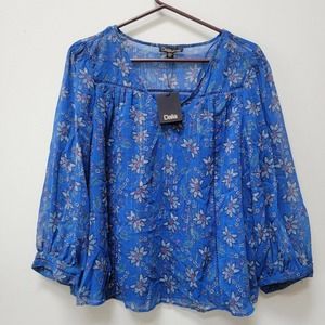 NWT Dalia Womens Medium Blue Print Smocked Chiffon Blouse Top Shirt